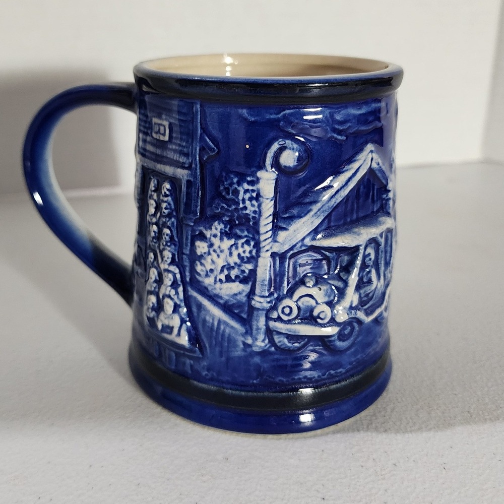 Vintage Six Flags Roller Coaster 3D Relief Coffee Mug Cobalt Blue Japan Made